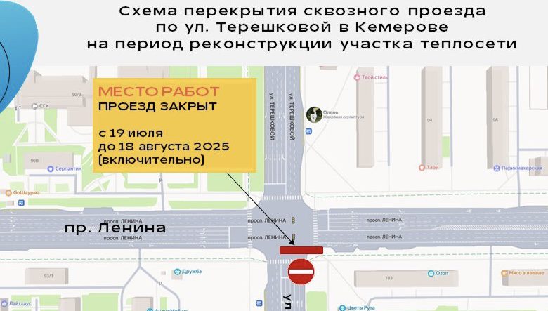 В Кемерове продлили перекрытие улицы Терешковой до 18 августа
